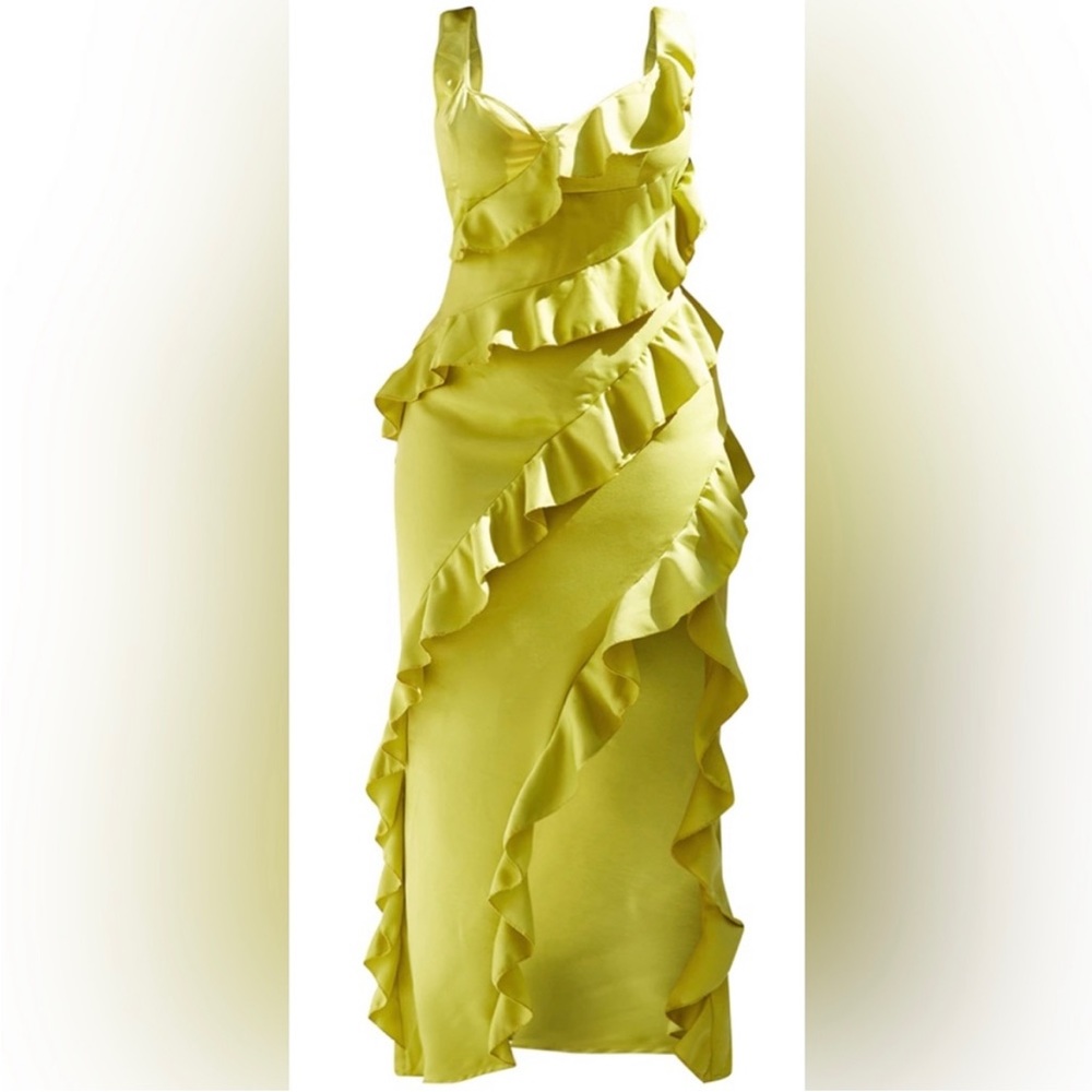 NWT Olive PRETTY LITTLE THING Ruffled Maxi Dress with Split, size 16